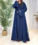 Elegant navy blue Dubai Moroccan kaftan with lace detailing, ideal for Islamic dress and casual wear.