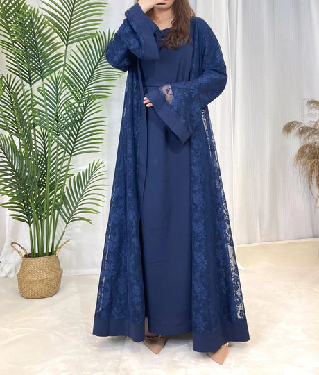 Elegant navy blue Dubai Moroccan kaftan with lace detailing, ideal for Islamic dress and casual wear.