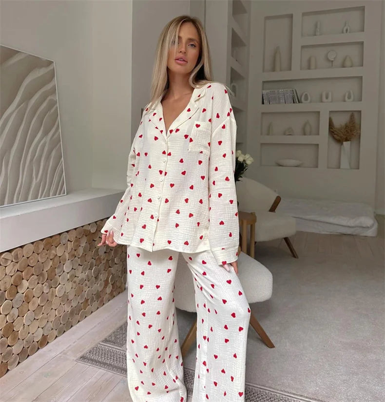 Women Cotton Pajama Set with Hearts
