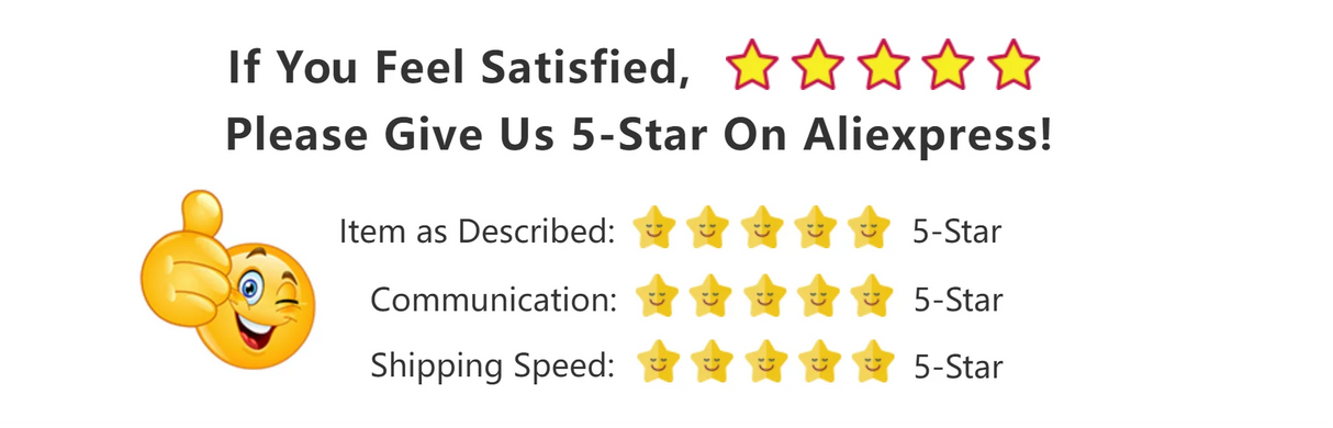 Customer satisfaction reminder with 5-star ratings and a smiling emoji for feedback on Aliexpress.