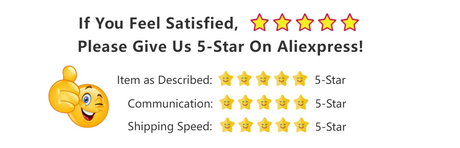 Customer satisfaction reminder with 5-star ratings and a smiling emoji for feedback on Aliexpress.