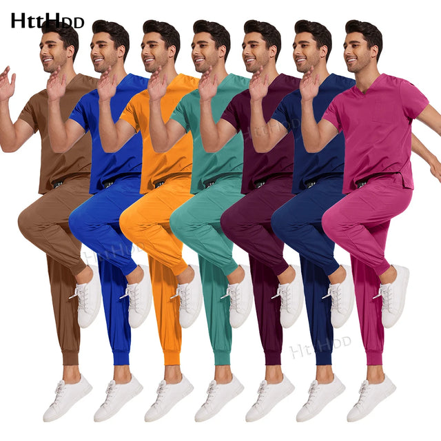 Unisex Nurse Surgical Scrub Suit Jogger Set in vibrant colors, ideal for various professional settings.