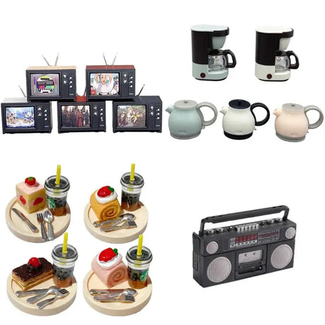 Assorted miniature home appliances and food props, including TVs, coffee makers, teapots, and desserts for photography.