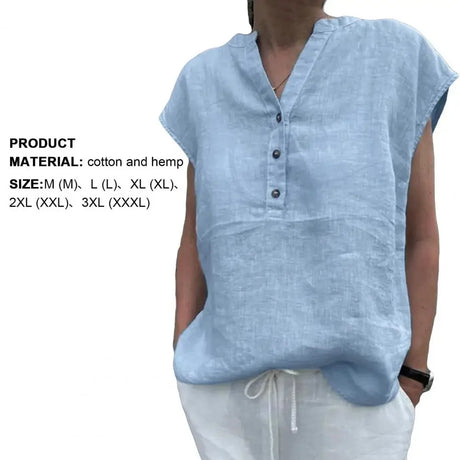 BreezyLuxe™ light blue cotton hemp blouse with V-neck and button closure, perfect for summer styled on model.