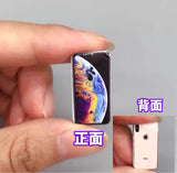 Hand holding a miniature phone showcasing a colorful planet design, with a rear view of an iPhone model.