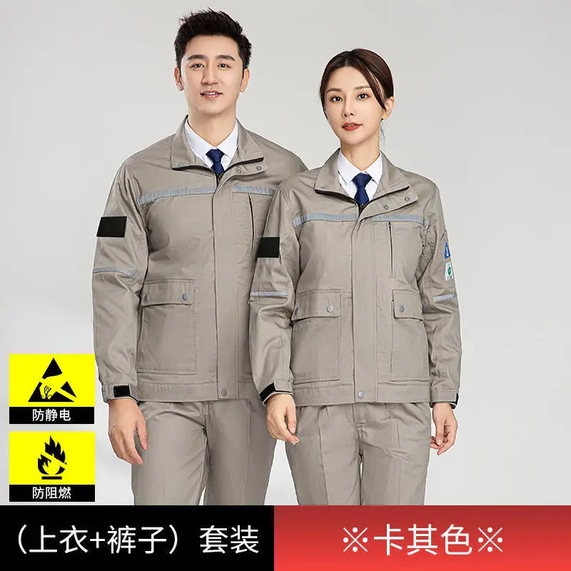 Anti-static flame-resistant welding suit in gray, featuring both male and female models wearing pure cotton workwear.