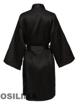 Back view of Team Bride satin robe in black, featuring short sleeves and a belted waist, perfect for bridesmaids.