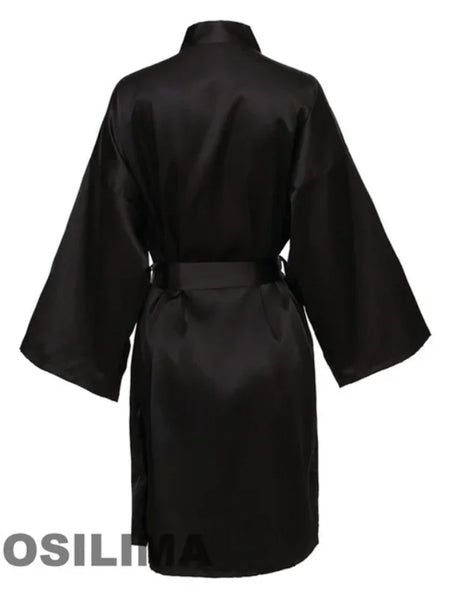 Back view of Team Bride satin robe in black, featuring short sleeves and a belted waist, perfect for bridesmaids.