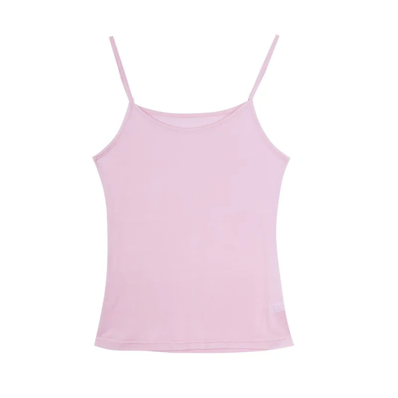 SilkAura™ Silk Blend Knit Camisole in soft pink, breathable summer tank for women, perfect for comfortable layering.