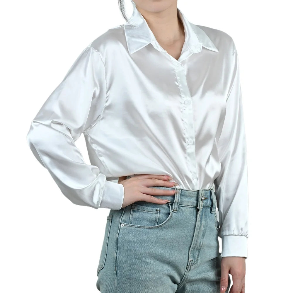 SilkAura™ imitation silk blouse in white, featuring button closure and loose fit, perfect for elegant business casual outfits.