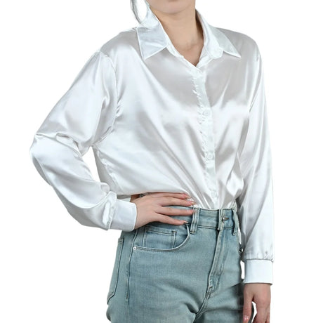SilkAura™ imitation silk blouse in white, featuring button closure and loose fit, perfect for elegant business casual outfits.