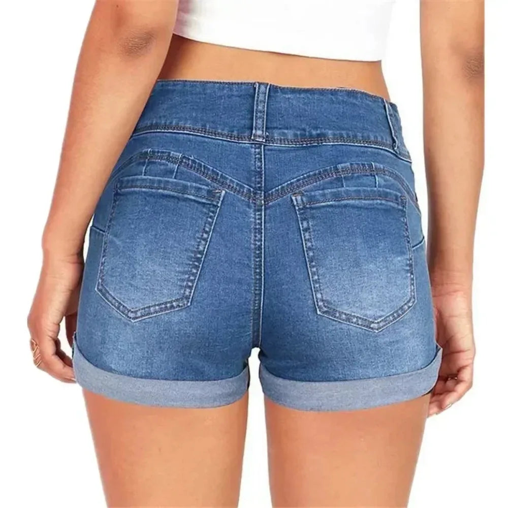 Women Denim Waistband Stretch Shorts