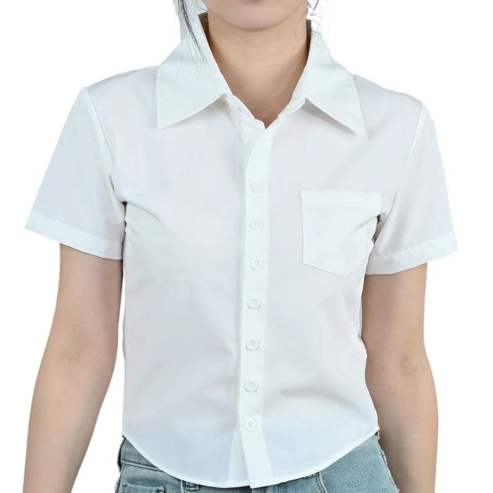 LapelCurve™ Slim Fit Short Sleeve Professional Shirt for Women in White with Turn-Down Collar and Pocket.
