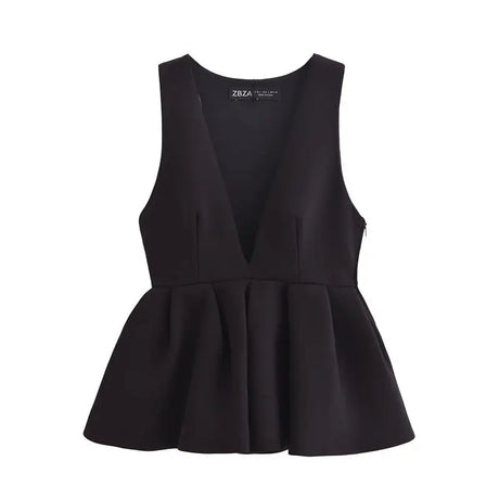 Elegant black V-neck women's tank top with peplum design, ideal for parties and casual outings.