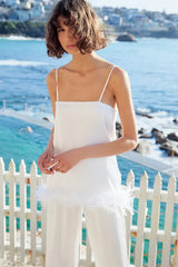 Women Satin Pajama Set with Feather Trim Pants