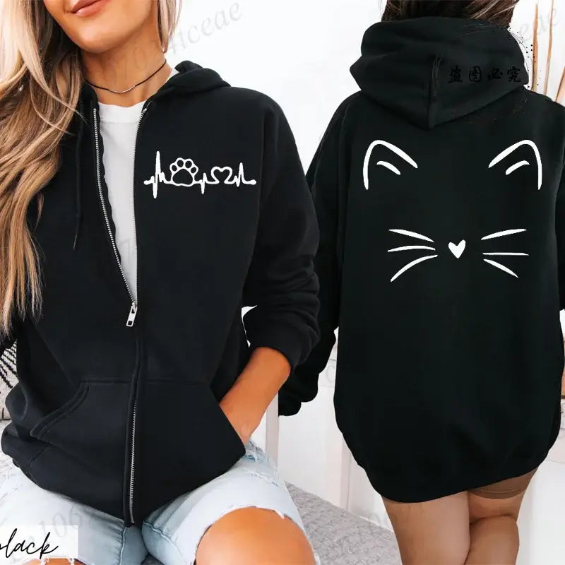 Women Cat Print Zip Hoodie Jacket Streetwear Coat