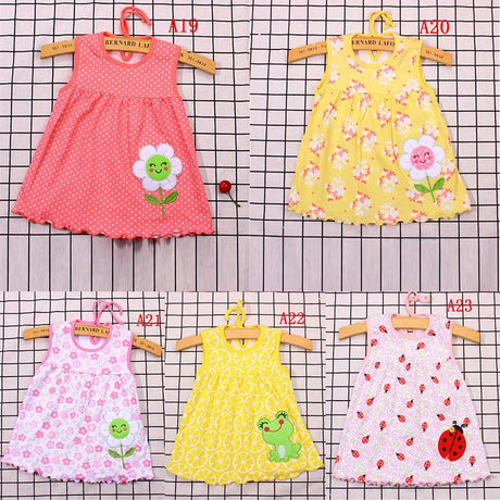 Assorted baby girl sleeveless cotton summer dresses in floral and playful patterns, suitable for newborns and toddlers.