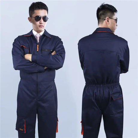 Unisex mechanic welding coveralls in dark blue with orange accents, suitable for utility and safety in auto repair.