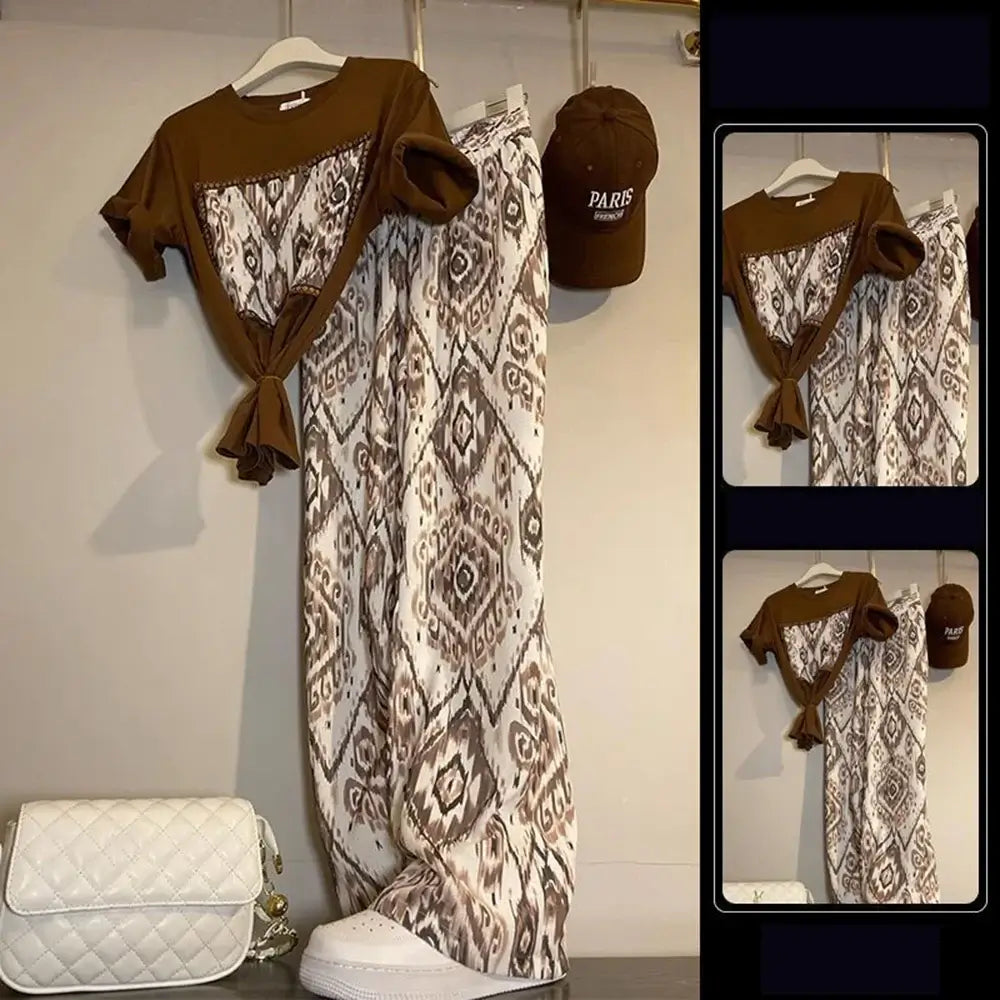 Women Summer Patchwork T-Shirt Pants Set