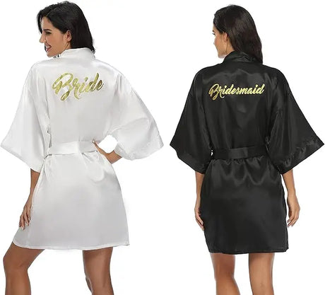 6-piece satin bridal shower robe set featuring 'Bride' and 'Bridesmaid' designs in white and black.