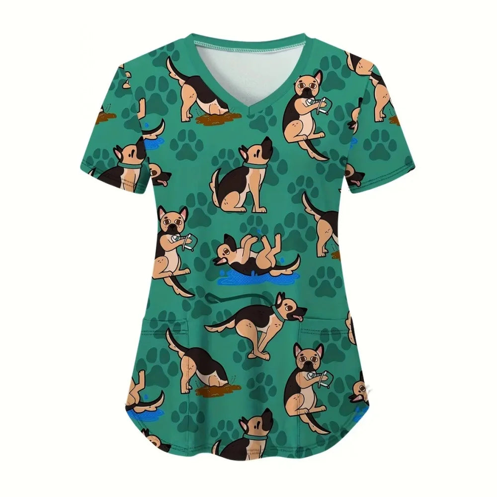Cartoon animal print scrubs top for women featuring playful dogs on a teal background, perfect for veterinary professionals.
