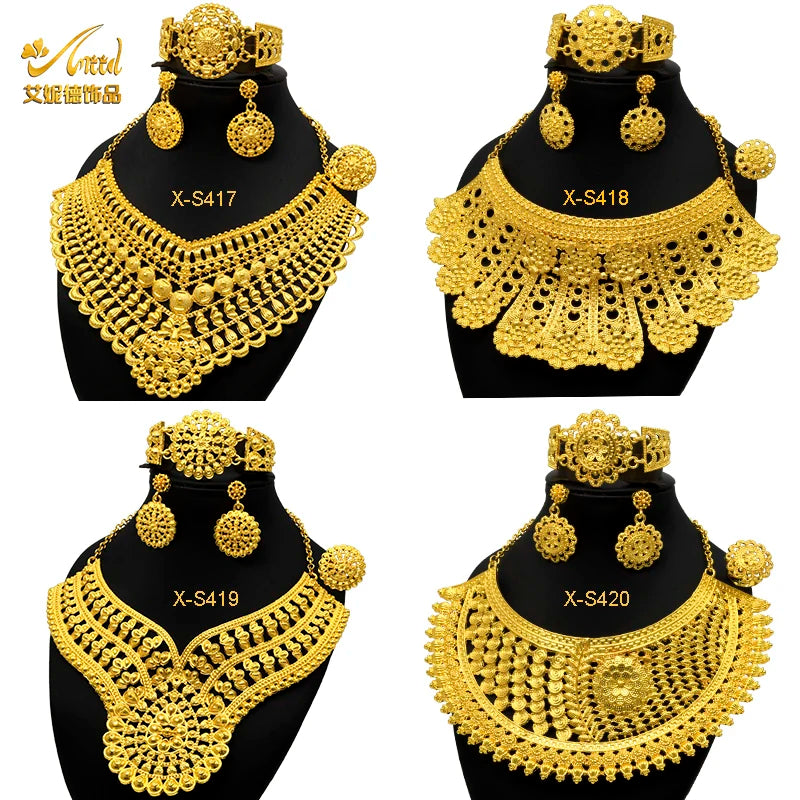 Luxury Indian bridal jewelry necklace set featuring 24K gold-plated designs, including necklaces, earrings, and bracelets.