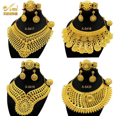 Luxury Indian bridal jewelry necklace set featuring 24K gold-plated designs, including necklaces, earrings, and bracelets.