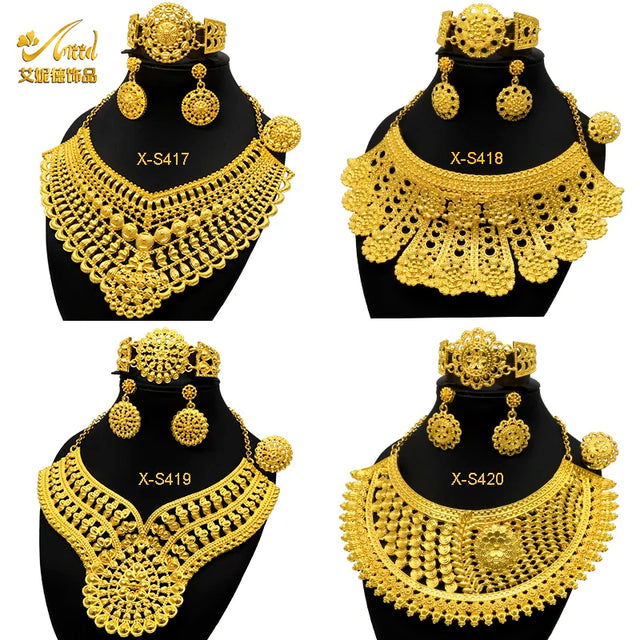 Luxury Indian bridal jewelry necklace set featuring 24K gold-plated designs, including necklaces, earrings, and bracelets.