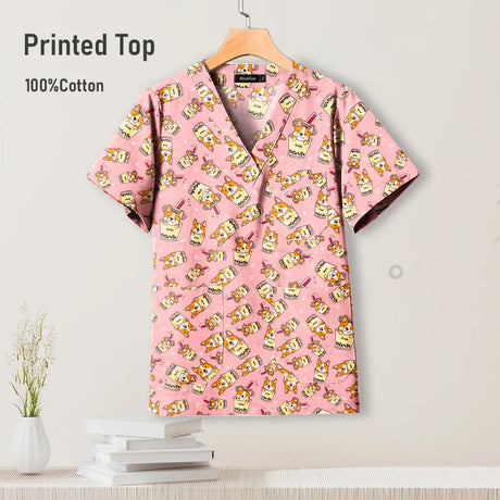 VIAOLIC Hospital Surgical Scrub Top in pink printed cotton, fashionable and breathable pediatric nursing uniform.