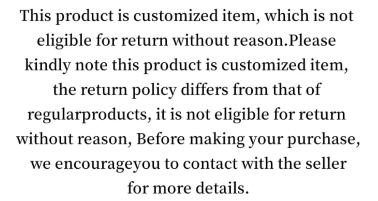 Notice about non-returnable customized items with seller contact info for more details.