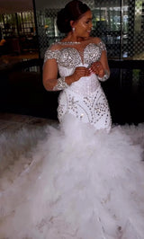 Elegant white plus size Arabic mermaid wedding dress with tulle and crystal embellishments, showcasing a stunning silhouette.