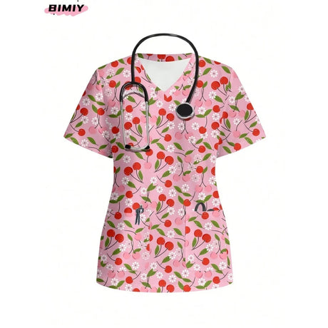 Colorful pink floral nursing scrub top featuring cherries and a stethoscope, ideal for women in medical professions.