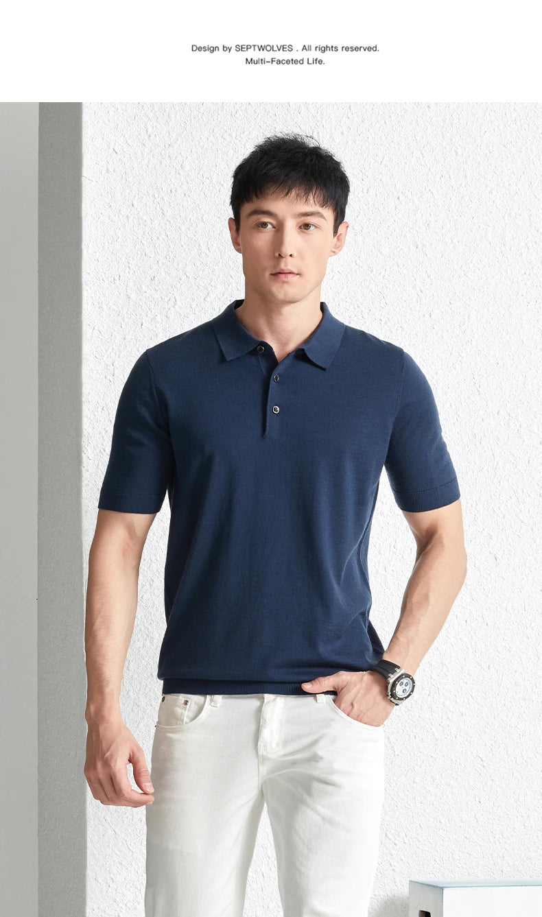 Men Short Sleeve Wool Polo Knit