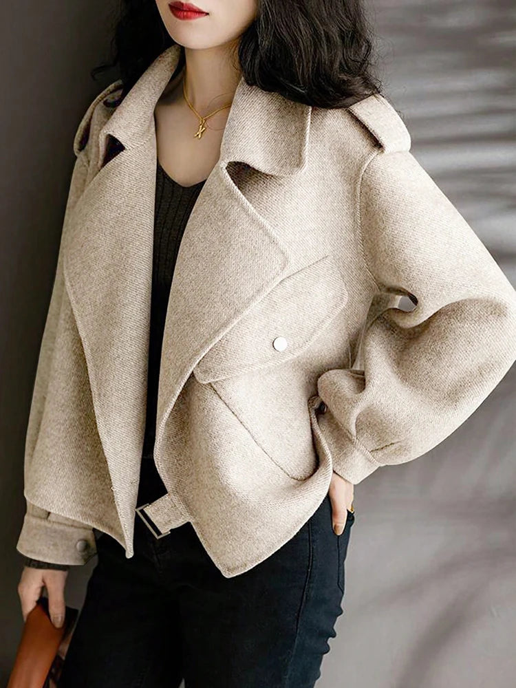 Elegant Woolen Belted Bomber Winter Coat