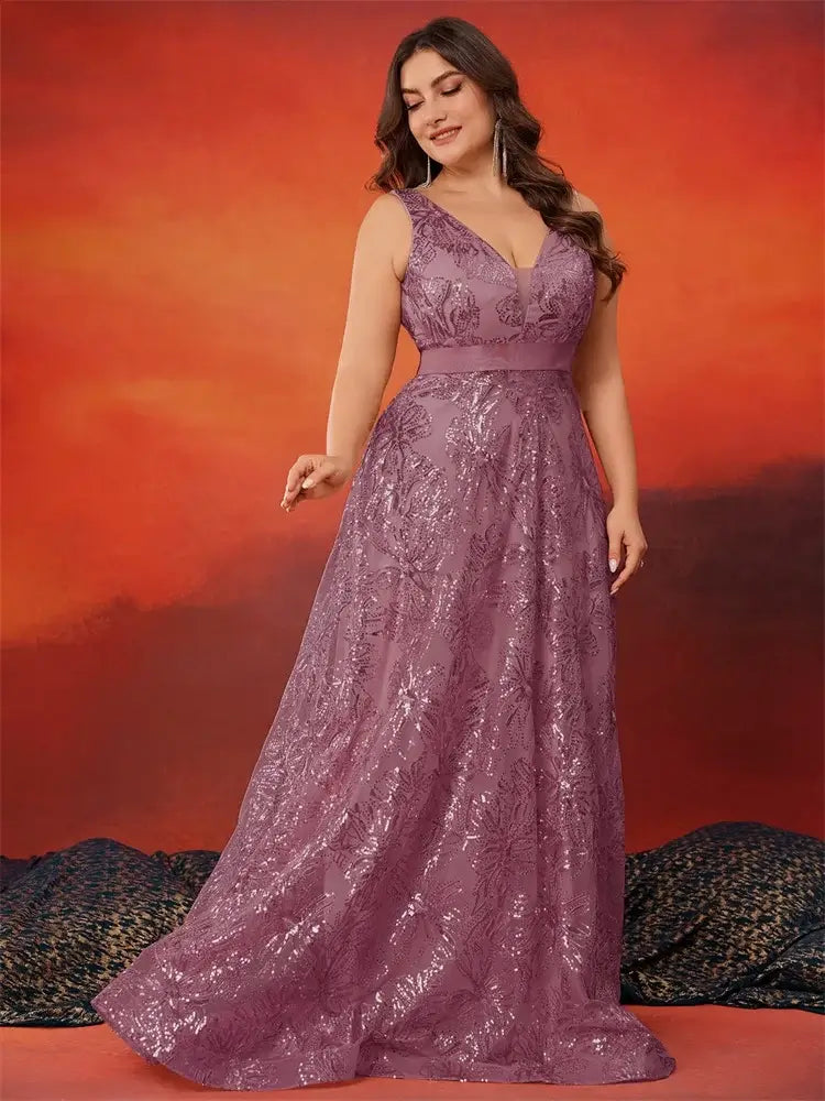 Women Plus Size V-Back Sequin Evening Cocktail Dress