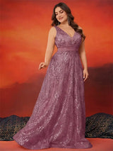 Women Plus Size V-Back Sequin Evening Cocktail Dress