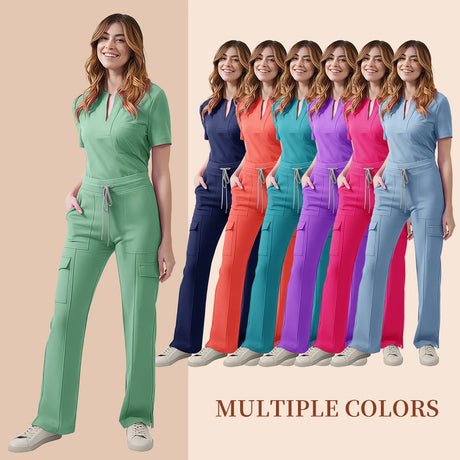 Women’s medical scrub set in multiple colors, featuring a pocket top and pants, ideal for healthcare professionals.