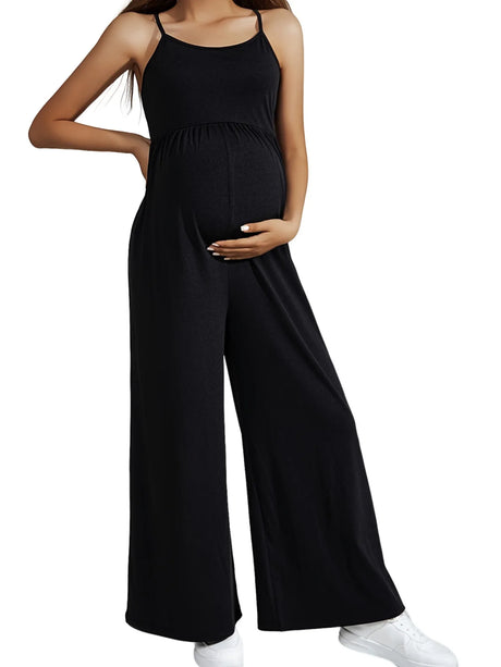 Sleeveless high waist maternity jumpsuit in solid black, designed for comfort during pregnancy.