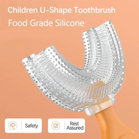 U-shaped silicone toothbrush for children, safe and food-grade material, perfect for young kids' oral care.