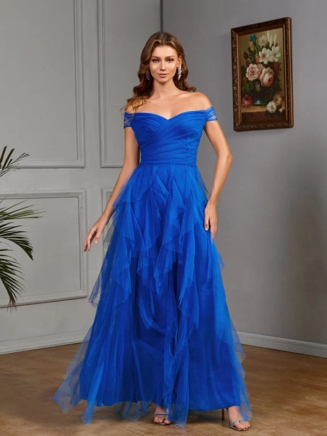 Elegant off-the-shoulder blue ball gown featuring layered tulle, perfect for formal occasions.