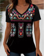 3D flower graphic V-neck tee for women, featuring vibrant floral patterns on a black background.