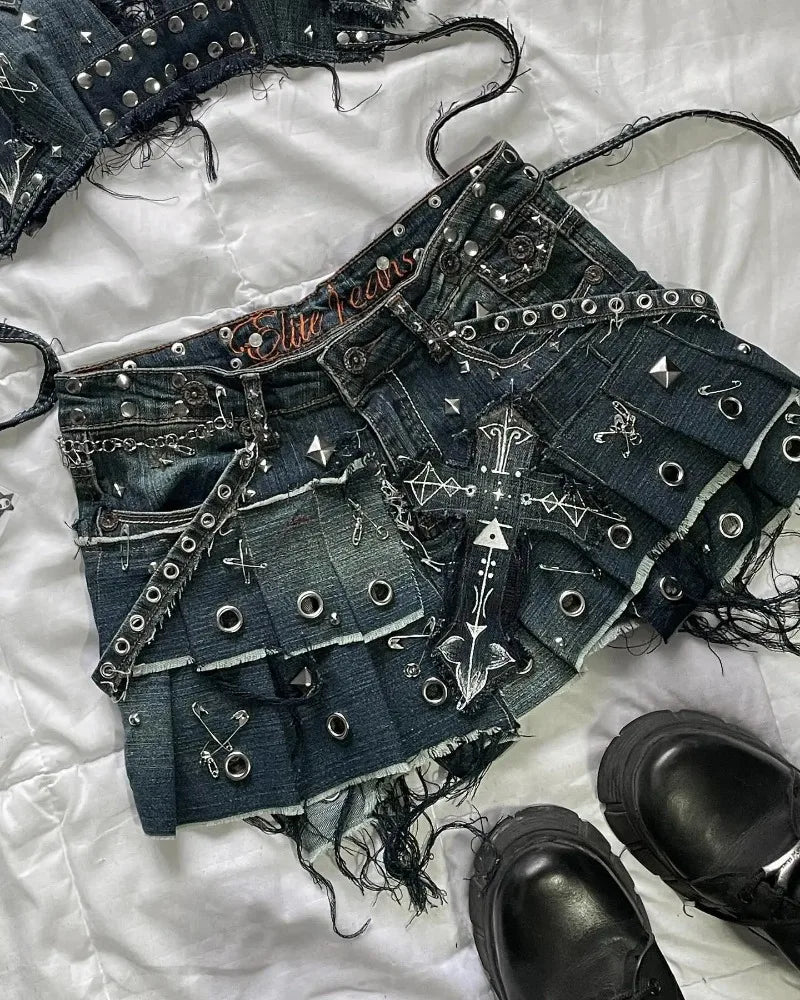 Women Cross Patch Denim Skirt Set