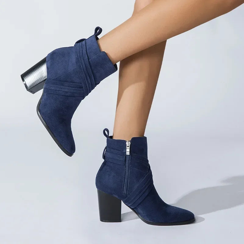 Women Pointed Toe Zipper Ankle Boots – Autumn High Heel Short Booties