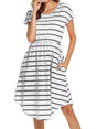 Striped multifunctional nursing dress with pockets, ideal for maternity and baby showers, knee-length and casual style.
