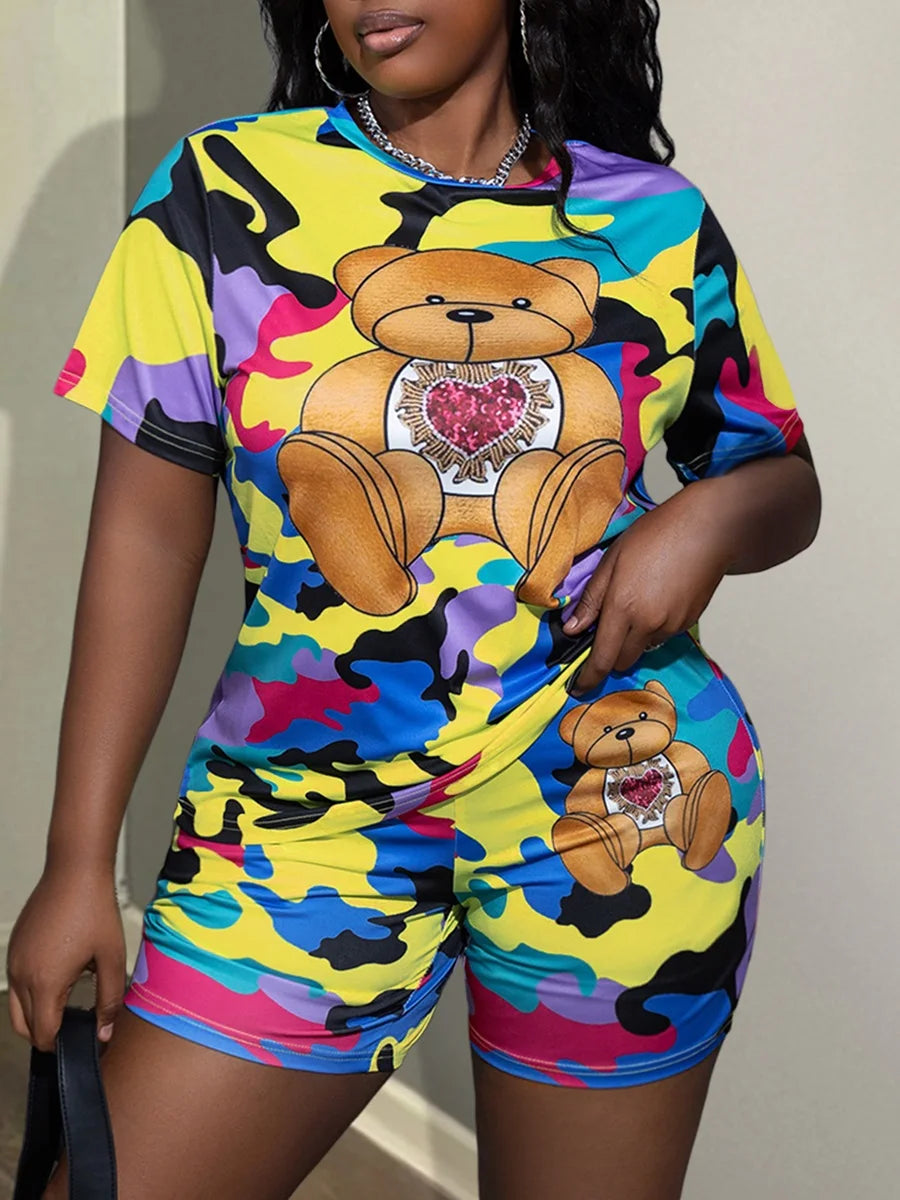 Camo Print Plus Size Shorts Set