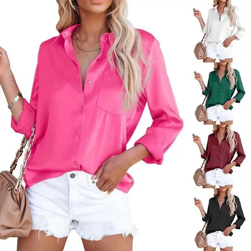 Women Long Sleeve Solid Patch Pocket Blouse