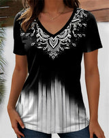 V-neck black and white graphic tee with floral design, ideal for casual wear, made from comfortable polyester fabric.