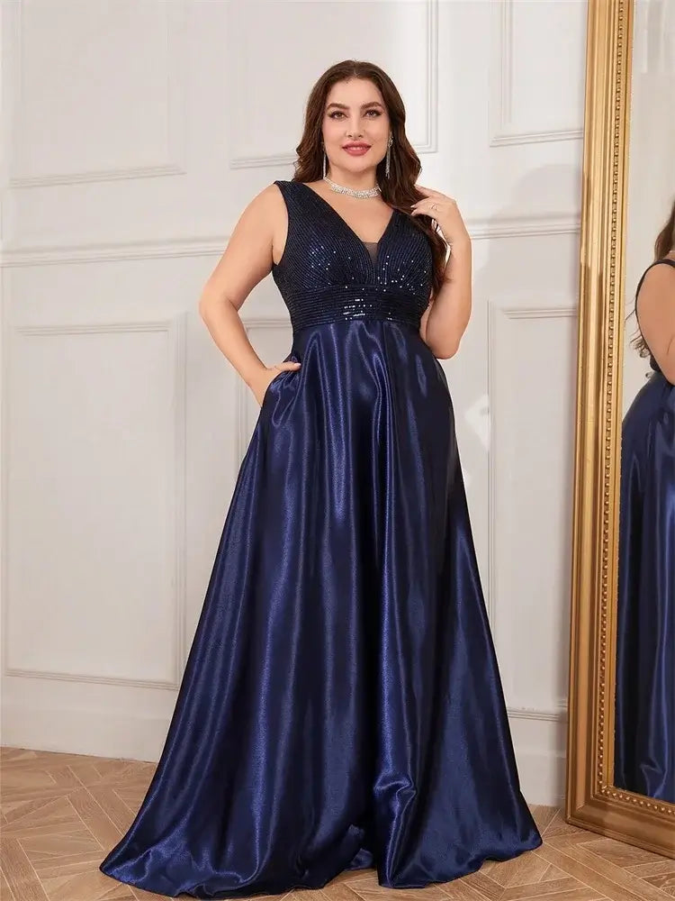 Women Plus Size Satin Sequin Evening Dress Long Prom Gown