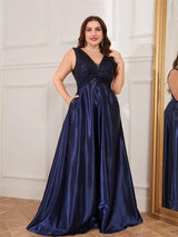 Women Plus Size Satin Sequin Evening Dress Long Prom Gown