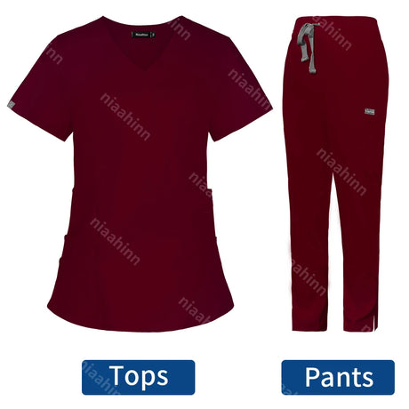 Solid color burgundy scrub set for women, featuring a V-neck top and pants with pockets, perfect for veterinary work.